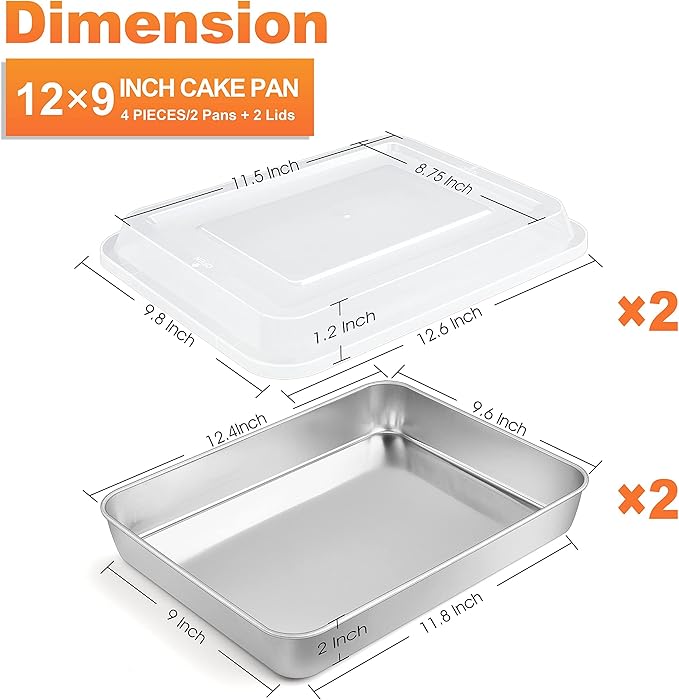 Herogo Baking Pan with Lid, 9 x 12 Inch Stainless Steel Lasagna Pan Deep, Rectangle Cakes Bakeware with Lid for Brownies Casseroles, Dishwasher Safe, Set of 2