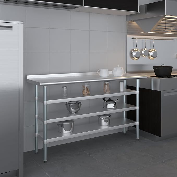 AmGood Stainless Steel Work Table with 1.5" Backsplash and 3 Shelves | Metal Kitchen Food Prep Table | NSF (60" Long x 18" Deep)