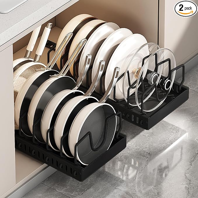 AmoiChic Pull Out Cabinet Organizer for Pots and Pans, Black Storage Rack with 8 Adjustable Dividers, Kitchen Countertop Lid Holder for Pot Lid, Bakeware, Dishes Storage, 2 Pack
