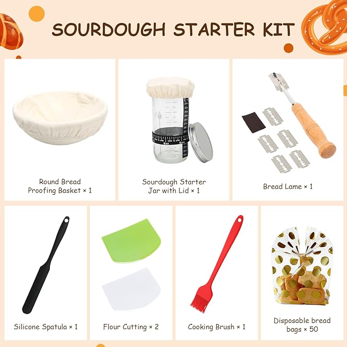 Sourdough Starter Kit Includes Round and Oval Proofing Baskets, Bread Hoops, Fermentation Jars, Dough Scrapers, Molds, and Storage Bags, A Complete Set of Bread Baking Tools (56PCS)