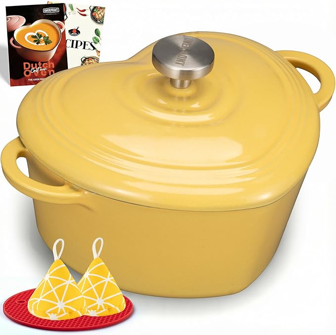 Overmont Enameled Cast Iron Dutch Oven - Heart-Shaped Pot with Lid Cookbook & Cotton Pot Holders - Mini Cookware Oven Safe to 500°F for Bread Baking Soups Stews - Great Gift for Wedding Birthday Housewarming 2QT Yellow