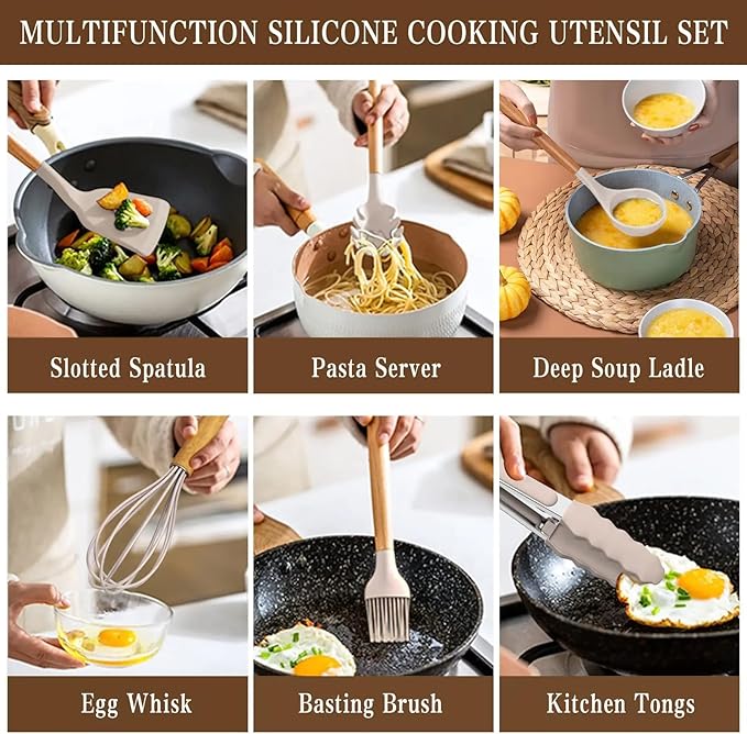 33-Piece Silicone Kitchen Cooking Utensils Set with Large Holder | Food Grade- Heat-Resistant,Non-Stick Cooking Utensils with Wooden Handles | BPA-Free Kitchen Tools for Nonstick Cookware for Gifting