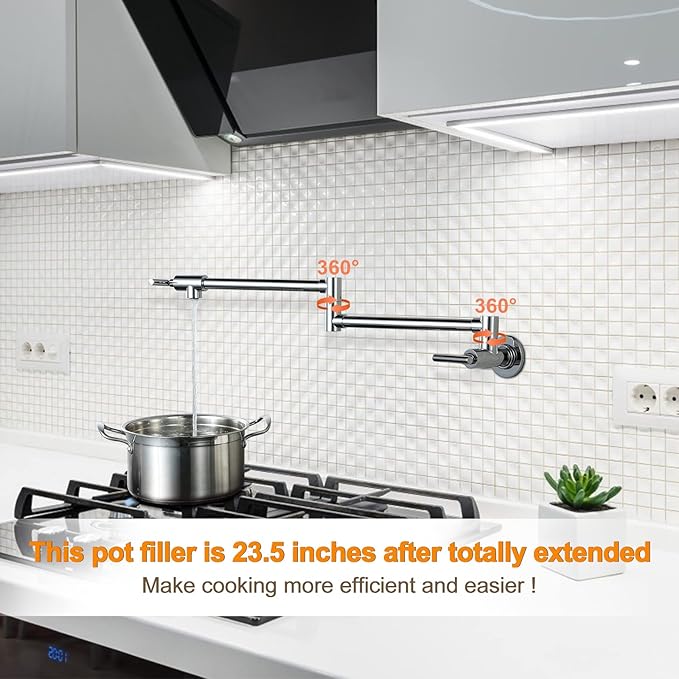 WOWOW Chrome Pot Filler Faucet - Solid Brass Pot Filler Wall-Mounted Pasta Faucet with Double Joint Swing Arm for Kitchen Over Stove