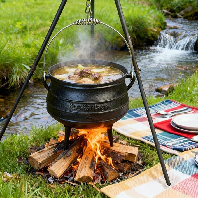 12 Quart Cast Iron Dutch Oven Cauldron Pot - Camping Cookware with Lid - Pre-Seasoned Heavy-Duty Potjie for Stews, Soups, Braising, and Frying Over Fire Pit Grill or Camp Stove