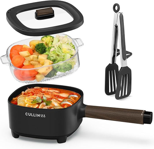2L Hot Pot Electric with Steamer, Portable Electric Pot with Upgrade Titanium Nonstick Coating for Dorm, Office, Travel, Multi Cooker Pot for Ramen, Soup, Oatmeal (Tongs Included)