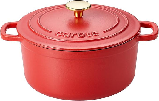 CAROTE Enameled Cast Iron Dutch Oven Pot with Lid, 4 QT Dutch Ovens, Heavy-Duty Cast Iron Pot for Sourdough Bread Baking, Braising, Stews, Roasting, Healthy & Non-Toxic, Dual Handles, All Stovetop Compatible, Oven Safe up to 500° F, Red