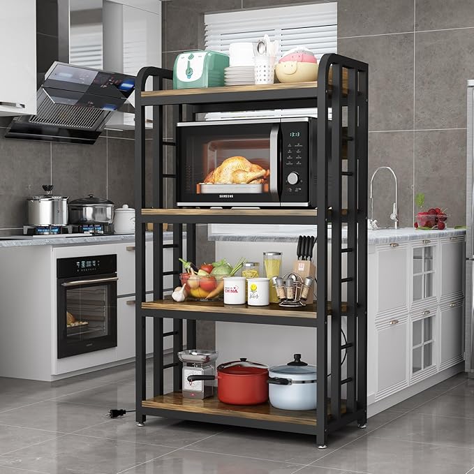 Bakers Rack with Power Outlet ，4-Tier Kitchen Baker's Rack,Microwave Stand with Storage Suitable for Kitchen, Living Room, Dinning Room，Coffee Bar(Rustic Brown)