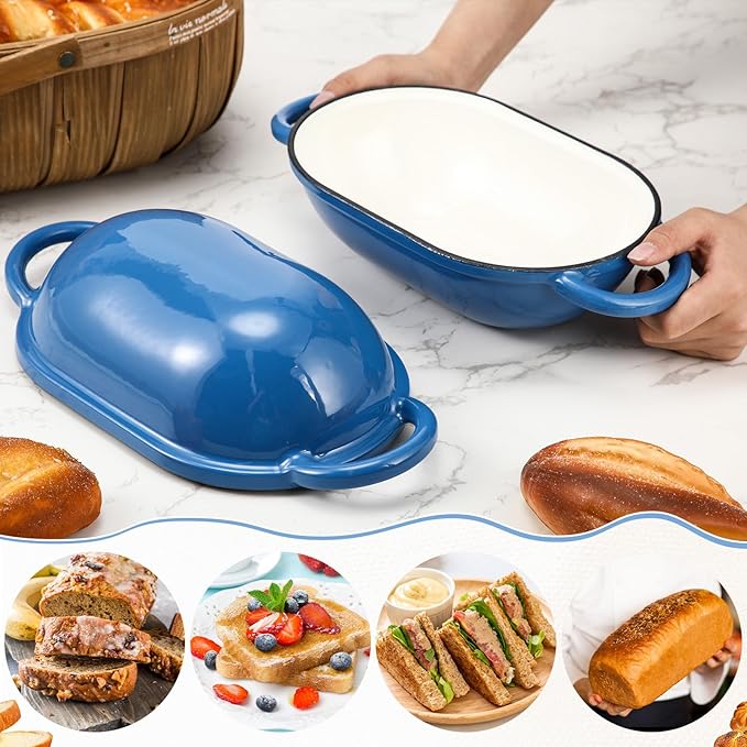 Maxdot 4qt Dutch Oven with Lid Enameled Cast Iron Sourdough Bread Pan for Baking Non Stick Single with Loop Handles for Family Homemade Breadbaking(Blue)