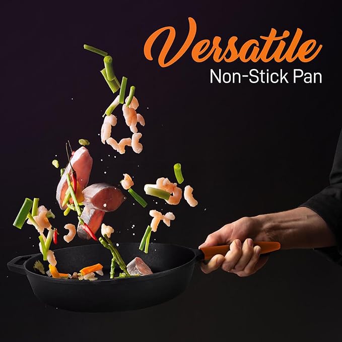 NutriChef 10" & 12" Pre-Seasoned Cast Iron Pans - Durable Nonstick Skillets, Cool-Touch Silicone Handle, For Oven, Grill & All Stovetops