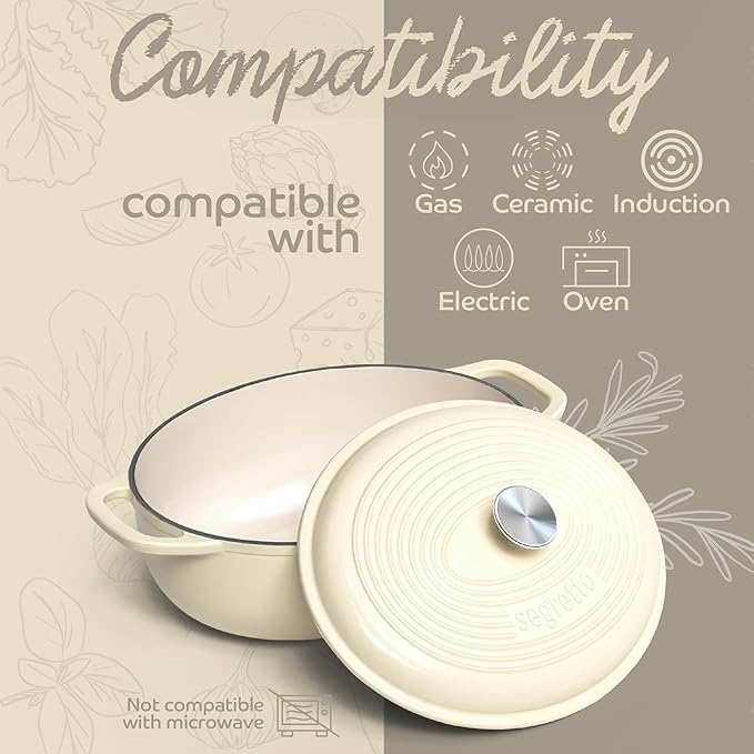 Segretto Cookware Enameled Cast Iron Oval Dutch Oven, 7 Quarts White