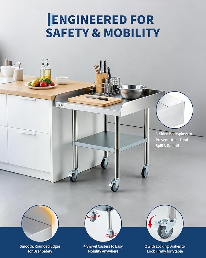 Garvee Stainless Steel Work Table, 24x36x26 Inch Commercial Food Prep Worktable with Wheels, Fixed 3-Sided Backsplash & Height-Adjustable Shelf, Heavy Duty Workbench for Kitchen Restaurant Garage