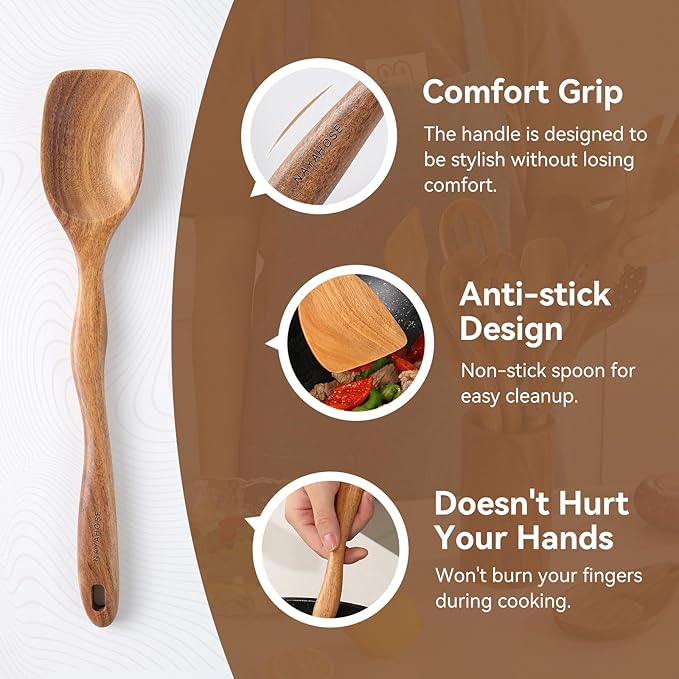 10Pcs Wooden Spoons for Cooking with Spoon Rest & Holder, 12inch Wooden Kitchen Utensil Set, Non stick, Non Scratch, Natural Teak Wooden Utensils for Cooking