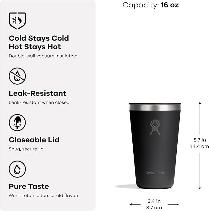 Hydro Flask All Around Tumbler Press-In Lid, Insulated Travel Mug, Stainless Steel Coffee Cup 16 Oz Harbor Blue