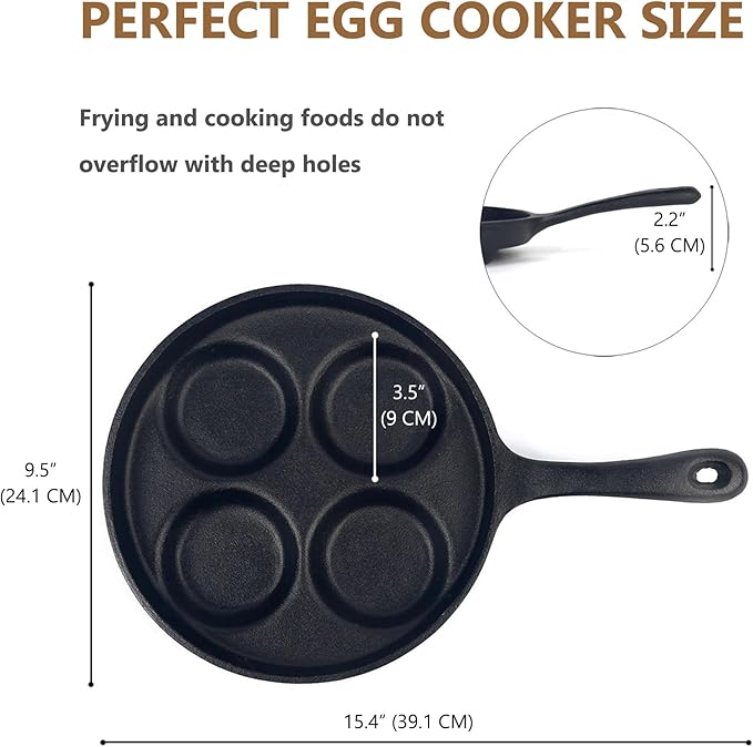 4-Cup Cast Iron Fried Egg Pan 9.5” Pancake Pan Burger Omelet Cooker Griddle Egg Skillet for Breakfast, Kitchen Cookware for Gas Stove & Induction Cooker