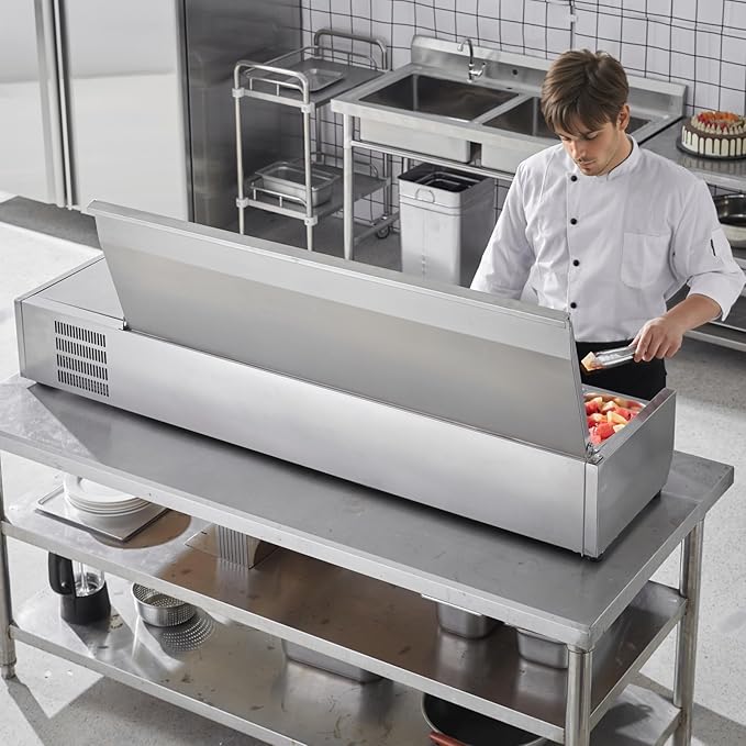 VEVOR Condiment Prep Rail Station, 160 W Countertop Refrigerated Condiment Station, with 5 1/3 4 1/6 Pans, 304 Body and PC Lid, Sandwich Prep Table with Stainless Guard, ETL, Silver