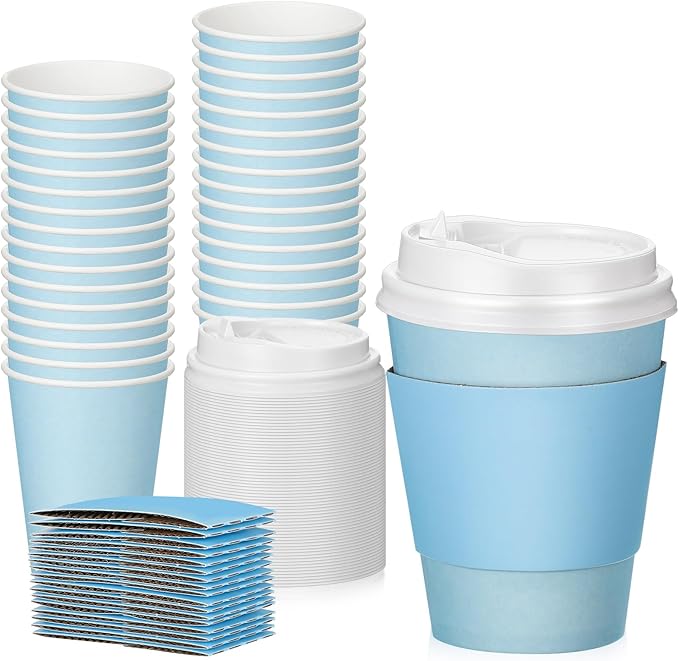 Patelai 48 Pcs 12 oz Disposable Coffee Cups with Lids and Sleeves Bulk, Insulated Hot Chocolate Paper Cup for Hot and Cold Beverage Water Juice Cocoa Tea Party Restaurants Travel Supplies (Blue)