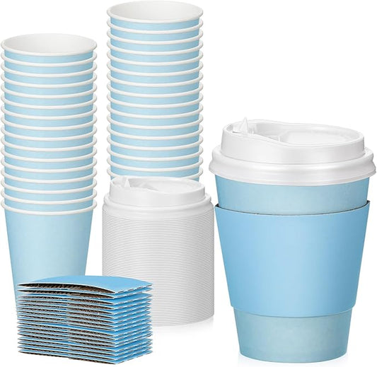 Patelai 48 Pcs 12 oz Disposable Coffee Cups with Lids and Sleeves Bulk, Insulated Hot Chocolate Paper Cup for Hot and Cold Beverage Water Juice Cocoa Tea Party Restaurants Travel Supplies (Blue)