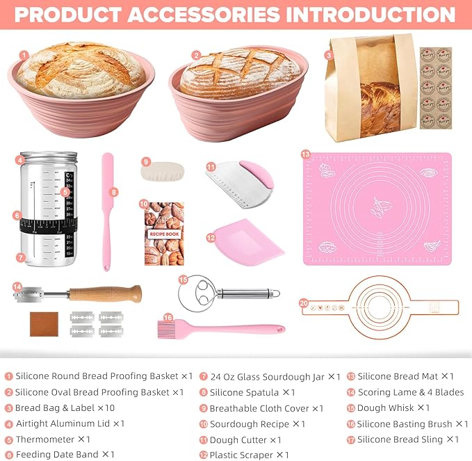 Sourdough Starter Kit, 15 Pcs Sour Dough Bread Baking Supplies for Beginners with 24 Oz Glass Starter Jar, Complete Bread Making Set with Silicone Banneton Proofing Basket, Baking Accessory