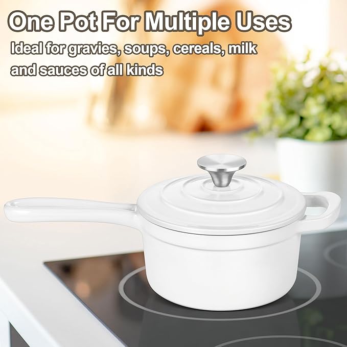 3 Quart Saucepan with Lid, Leonyo Enameled Cast Iron Sauce Pan, Heavy Duty Cast Iron Pot Dutch Oven Kitchen Cookware for All Cooktops Making Pasta, Milk, Egg- Up to 500°F & 8Lbs, White