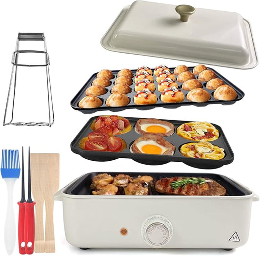 3 in 1 Multifunctional Electric Griddle Electric Skillet Nonstick Baking Maker with 3 Interchangeable Baking Plates for Takoyaki Maker Cake Pop Maker Pancake Maker White