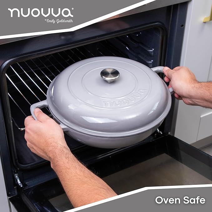 Shallow Cast Iron Casserole with Lid – Non Stick Dutch Oven Pot, Oven Safe up to 500° F – Sturdy Ovenproof Stockpot Cookware – Enamelled Cooking Pot – Grey, 5-Quart, 32cm – by Nuovva