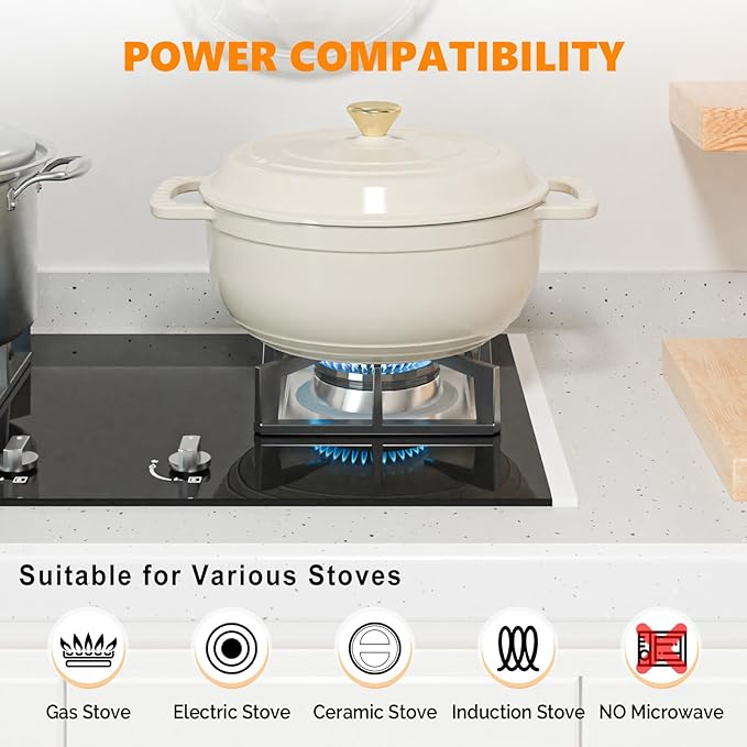 ROVSUN Enameled Cast Iron Round Dutch Oven, 7.5QT Pot with Lid &Dual Handles with Silicone Gloves,Oven Safe up to 500°F, Heavy-Duty Pre-Seasoned Cookware for Bread Baking, Braising, Stews, Roasting,Cream White