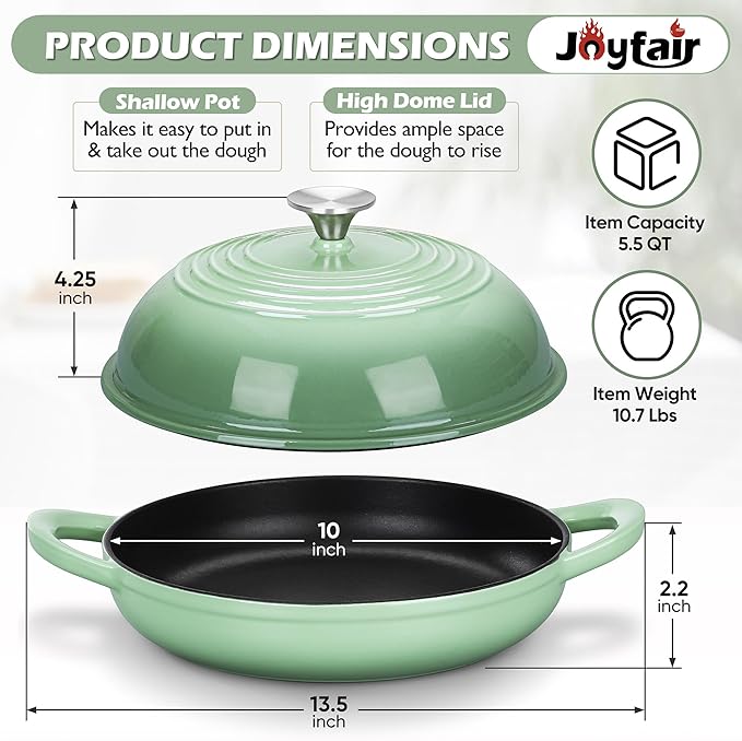 Bread Dutch Oven for Sourdough Baking (5.5 QT), Joyfair Enameled Cast Iron Dutch Oven Pot with Lid, Sourdough Bread Pan with Dual Handles, Non-Stick & Even Heat, Oven-safe up to 500°F, Pistachio Green