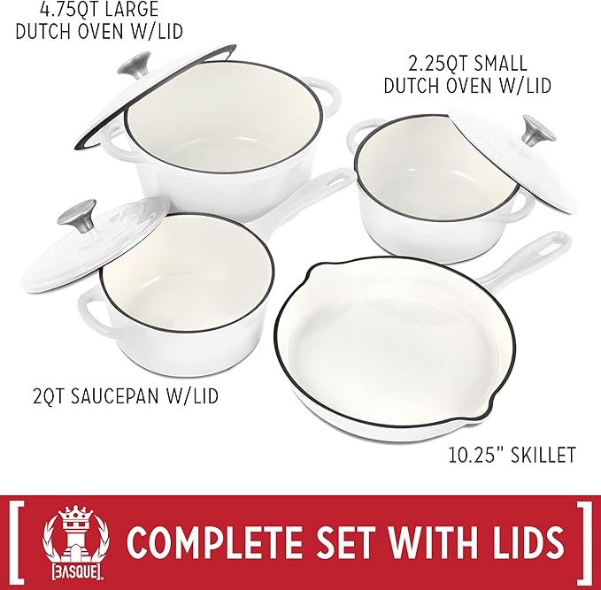 Basque Enameled Cast Iron Cookware Set (Blanc White), 7-Piece Set, Nonstick, Oversized Handles, Oven Safe; 10.25" Skillet, 2QT Saucepan, 2.25QT Small Dutch Oven, 4.75QT Large Dutch Oven