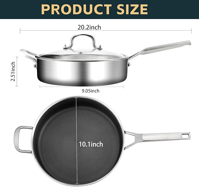 3QT Nonstick Saute Pan with Lid, 10-Inch Tri-Ply Deep Frying Pan & Large Skillet, Dishwasher & Metal Utensil Safe, Stay Cool Handle, All Stovetop + Oven Compatible (600℉)