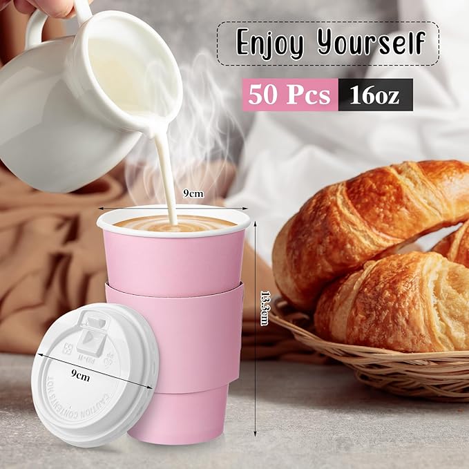 Tioncy 50 Set 16 oz Disposable Coffee Cups with Lids and Sleeves Set Insulated Disposable Hot Travel Paper Cups for Hot Chocolate Cocoa Coffee Tea Cafes Travel Bar Supplies, Leak Proof, Pink
