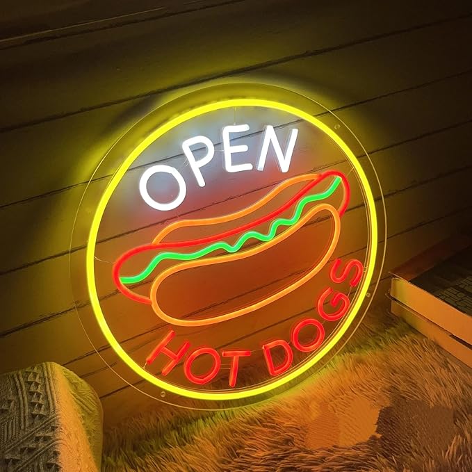 Open Hot Dogs Neon Signs Dimmable LED Neon Lights for Restaurant Business Signs for Fast Food Shops Accessories Light Up Sign for Snack Bar Wall Decor