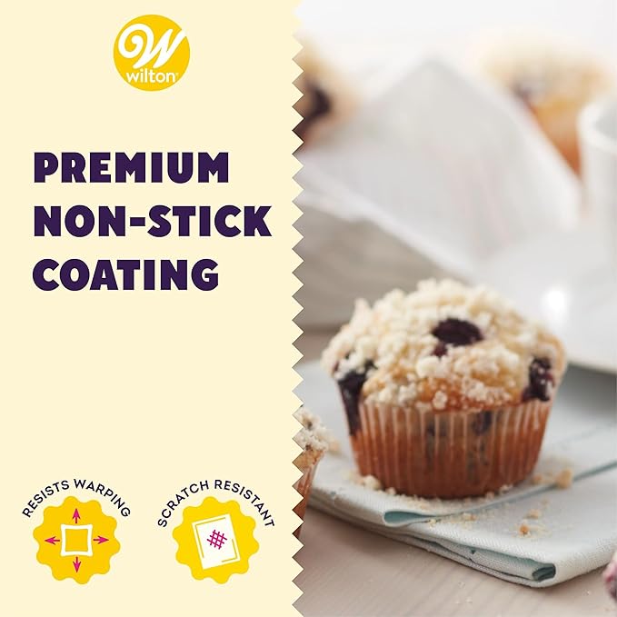 Wilton Gold Non-Stick 12 -Cup Muffin Pan, Stainless Steel Bakeware, Made without PFAS, 10.5 x 15 x 1.4 in, Packaging May Vary