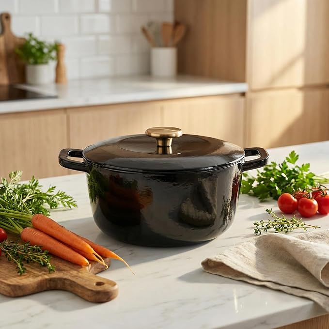 5QT Enamel Cast Iron Dutch Oven with Lid,Dual Handles,Versatile Heavy-Duty Non-toxic Cookware for Sourdough Bread Baking,Braising,Stews,Roasting,Oven Safe up to 500°F black