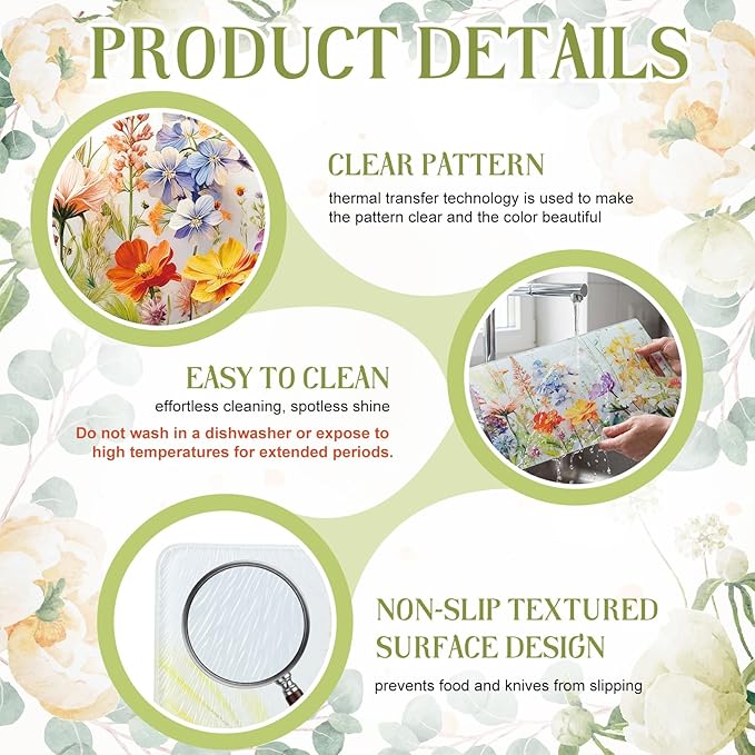 2 Pack Glass Cutting Board for Kitchen, Floral Pattern Tempered Glass Cutting Board with Handles Set Gifts Charcuterie Cheese Snack Boards Decorative, 16 x 12 Inches and 12 x 8 Inches