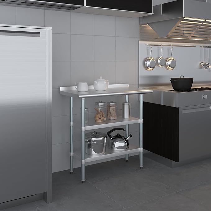AmGood Stainless Steel Work Table with 1.5" Backsplash and 2 Shelves | Metal Kitchen Food Prep Table | NSF (36" Long x 18" Deep)