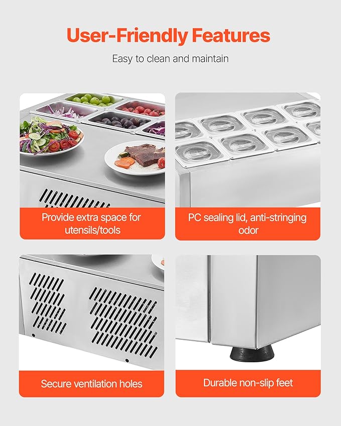 VEVOR Refrigerated Condiment Prep Station, 150 W Countertop Refrigerated Condiment Station, with Eight 1/6 Pans, 304 Stainless Body and PC Lid, Sandwich Prep Table, for Restaurant & Food Stall