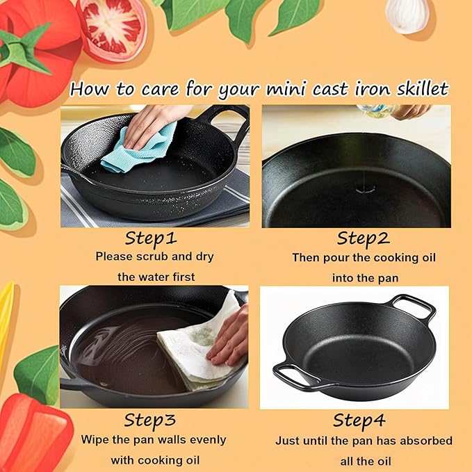 Mini Cast Iron Skillets Set of 6, 5 x 5 x 1.3 Inch Small Cast Iron Pan with Handles, Mini Ramekins Round Black Casserole Dish Cookware Small Skillets for Serving Food Frying Baking Cooking Roasting