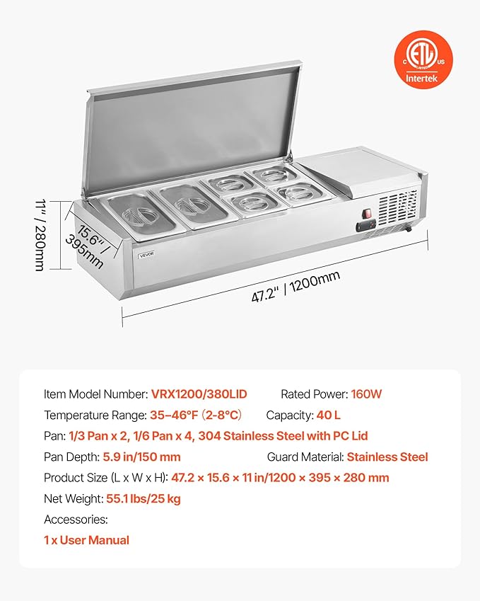 VEVOR Refrigerated Condiment Prep Station, 130 W Countertop Refrigerated Condiment Station, with Two 1/3 Pans & Four 1/6 Pans, 304 Stainless Body and PC Lid, Sandwich Prep Table with Stainless Guard
