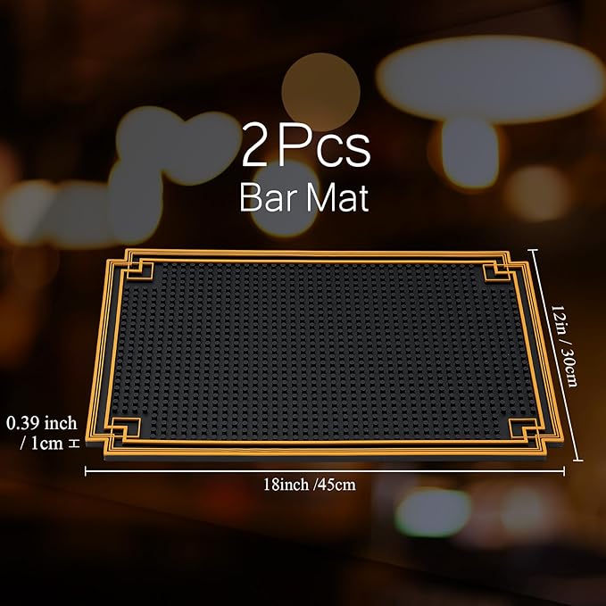 2 Pcs 18 x 12 Inch Bar Mat Non Slip Rubber Mat with Gold Border Durable Stylish Spill Cocktail Service Coffee Mats for Restaurants Barbershop Clippers Bartending, Black