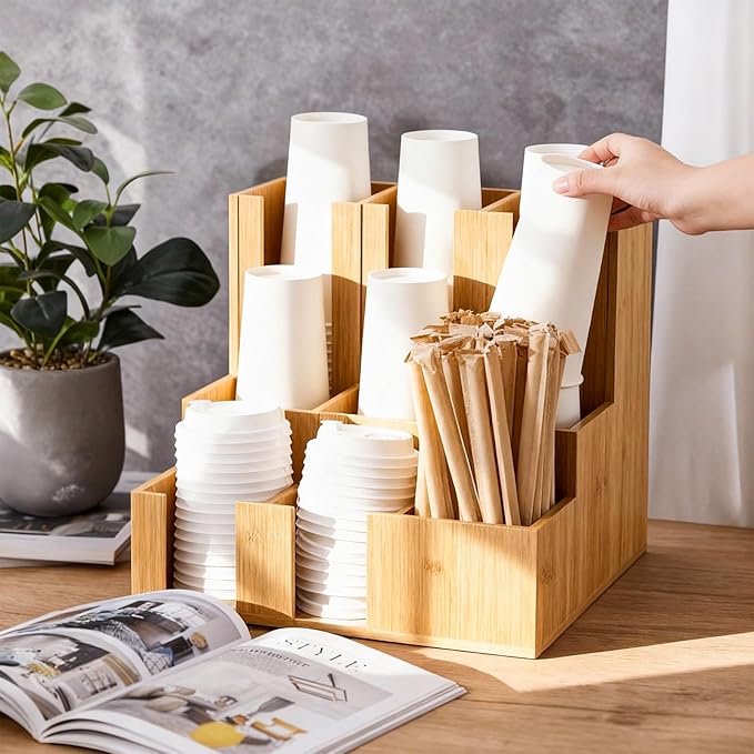 Bamboo Vertical Coffee Cup and Lid Dispenser, Coffee Condiment Organizer, 9 Compartment for Disposable Paper & Plastic Cup, for Cabinet Station Home Countertop Bar 13''l x 13''w x 12''h