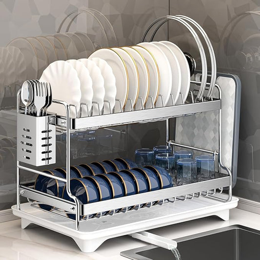 Dish Drying Rack, Double Layered countertop Kitchen Organizer with Drainage Large Bowl Rack and Storage Rack with Drainage Board
