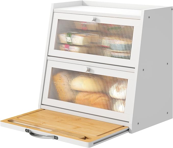White Bread Box for Kitchen Counter With Cutting Board, 2-Tier Bread Box, Bamboo Wood Large Capacity Bread Storage Bin with Acrylic Wavy Door Panel