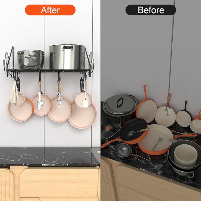 28 Inch Pot Rack Wall Mounted, Pots and Pans Organizer with 12 Hooks and 2 Pot Lid Holders, Heavy Duty Steel Pot and Pan Hanger for Kitchen Cookware Utensils Storage 34.7" Lx13 Wx12.6 H