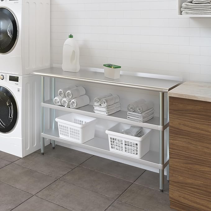 AmGood Stainless Steel Work Table with 1.5" Backsplash and 2 Shelves | Metal Kitchen Food Prep Table | NSF (60" Long x 14" Deep)