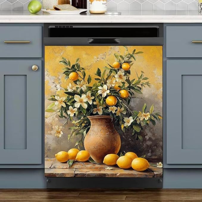 Lemon Floral Vase Dishwasher Magnet Cover, Rustic Flowers Refrigerator Magnetic Vinyl Sticker for Dishwasher Door, Decorative Kitchen Appliance Panel Decal, 23Wx26H Inches