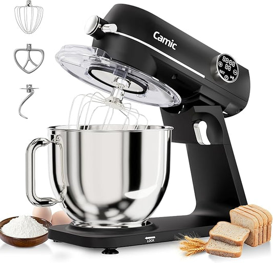 Camic 8.45 QT All Metal Stand Mixer,10 Speed Large Capacity Kitchen Mixer with Digital Timer & Tilt-Head, Electric Mixer with Whisk Dough Hook Mixing Beater for Baking,Cakes,Cookie,Bread,Salad(BLack)