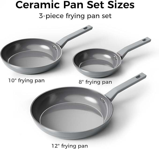 Sanho Nonstick Frying Pans Set, Ceramic Pan Skillet, Non Toxic Pans for Cooking, 8" 10" 12" Ceramic Frying Pan Set PFAS & PTFE & PFOA Free with Stay Cool Handle, Dishwasher & Oven Safe, Gray