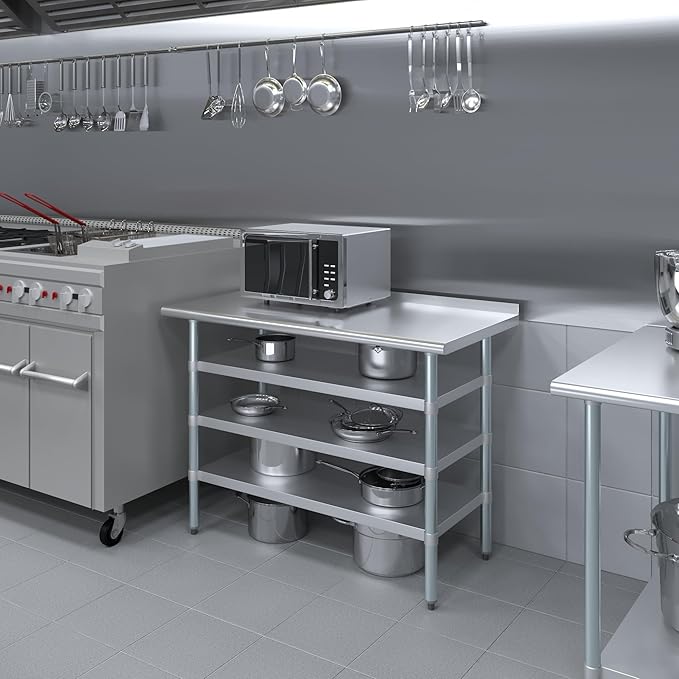 AmGood Stainless Steel Work Table with 1.5" Backsplash and 3 Shelves | Metal Kitchen Food Prep Table | NSF (48" Long x 24" Deep)