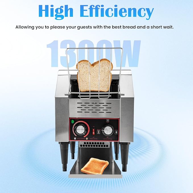 150/450 Slices/Hour Commercial Conveyor Toaster, Stainless Steel Heavy Duty Industrial Bread Baking Machine w/ 3 Ring Heating Tubes for Baking Sliced Bread, Toast (1300W(TT-150))