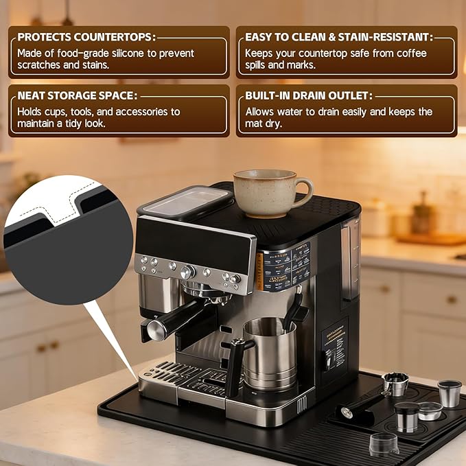 3-in-1 Silicone Mat Set for Ninja Luxe Cafe ES601 & ES701 Espresso Machine– Top Mat, Bottom Sliding Mat & Tamping Station Pad, Full Protection Non-Slip Coffee Machine Accessories (Black)